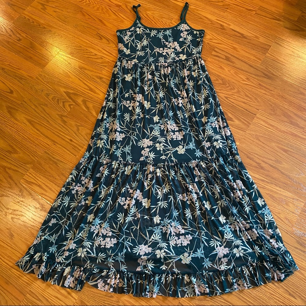 Emerald Floral Mesh Gown Half Slip Dress Size Medium Sleeveless Midi Maxi Dress - Picture 3 of 13